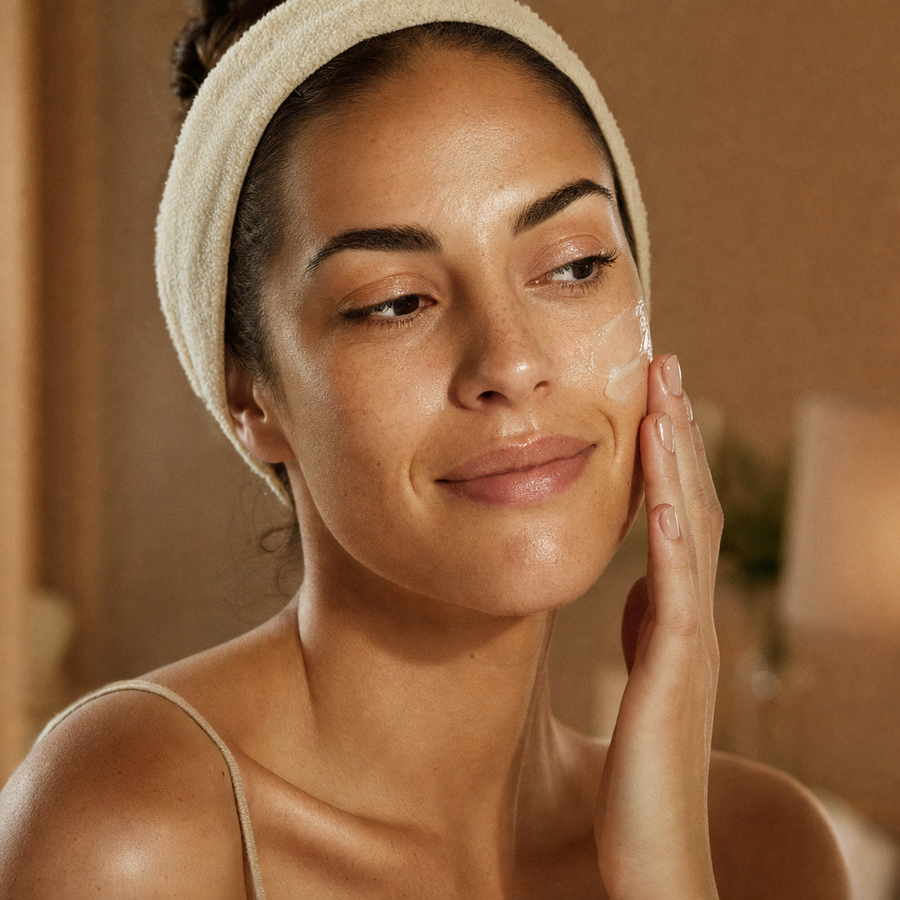 Femme portant un bandeau eponge appliquant un soin gel-creme sur sa joue, peau lumineuse, lumiere chaude du soir