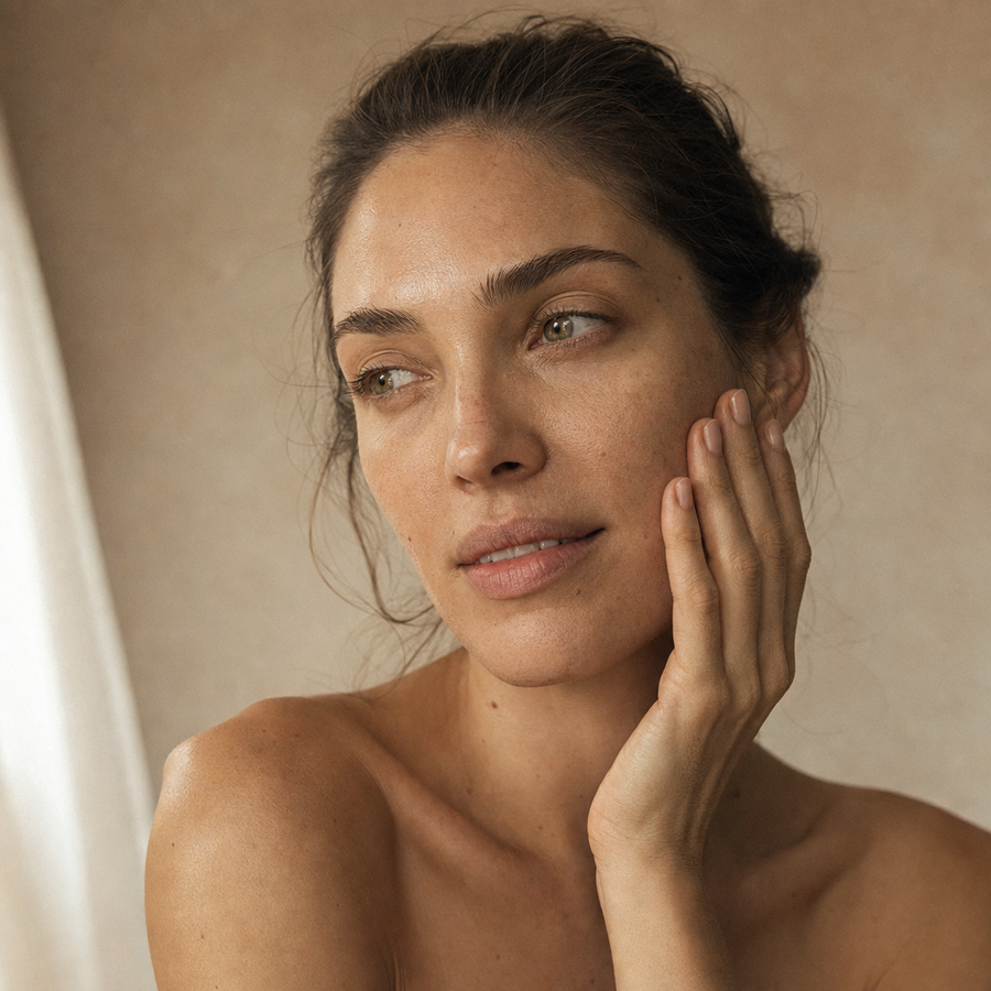 Gros plan sur le visage d une femme a la peau nue et lumineuse, main posee sur la joue, lumiere naturelle douce