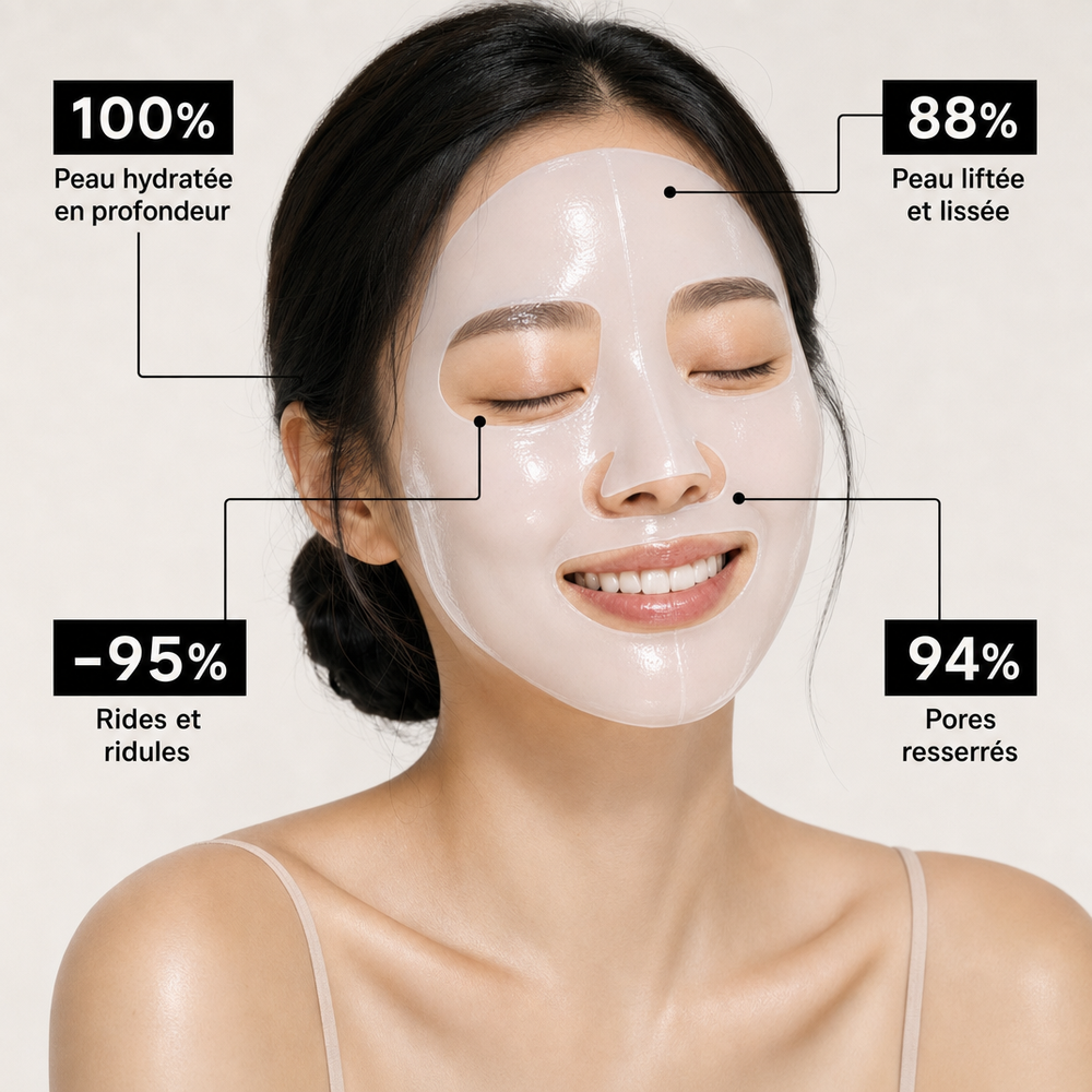 Résultats du Masque Cristal Bio-Collagène Kaela PDRN : 100 % peau hydratée en profondeur, 88 % peau liftée et lissée, -95 % rides et ridules, 94 % pores resserrés