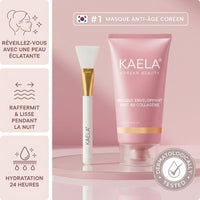 Tube du masque de nuit au collagène Kaela et son pinceau applicateur, avec ses bénéfices : raffermit, lisse et hydrate 24 heures