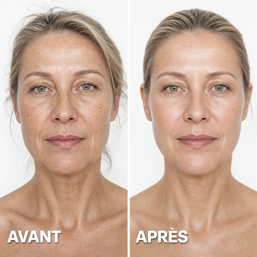 Avant et après : peau du visage et du cou plus lisse et teint unifié