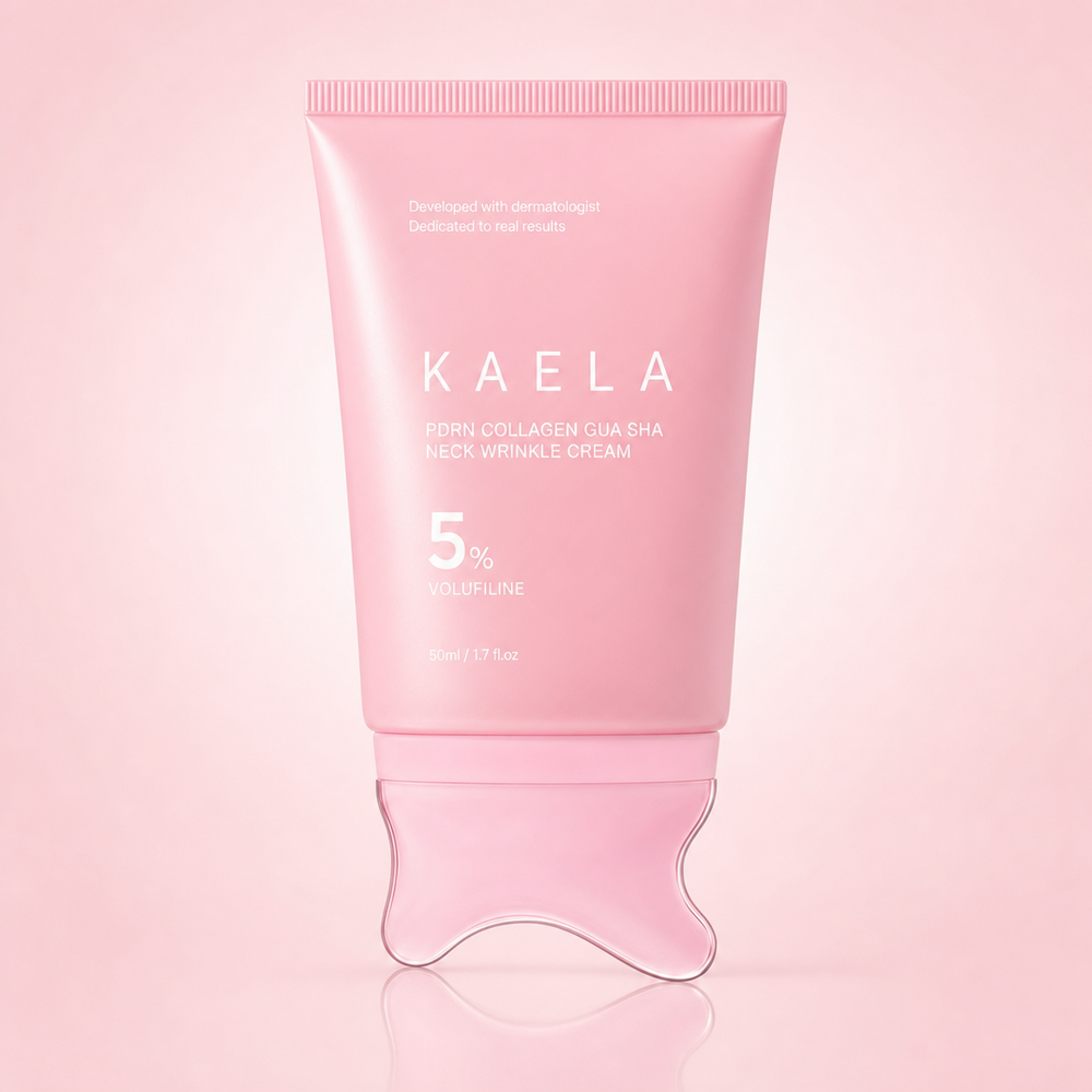 Crème Gua Sha PDRN Kaela, tube rose pastel à embout gua sha intégré
