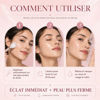 Comment utiliser le masque de nuit Kaela en trois étapes : appliquer sur peau propre, laisser poser huit heures, retirer ou rincer au matin