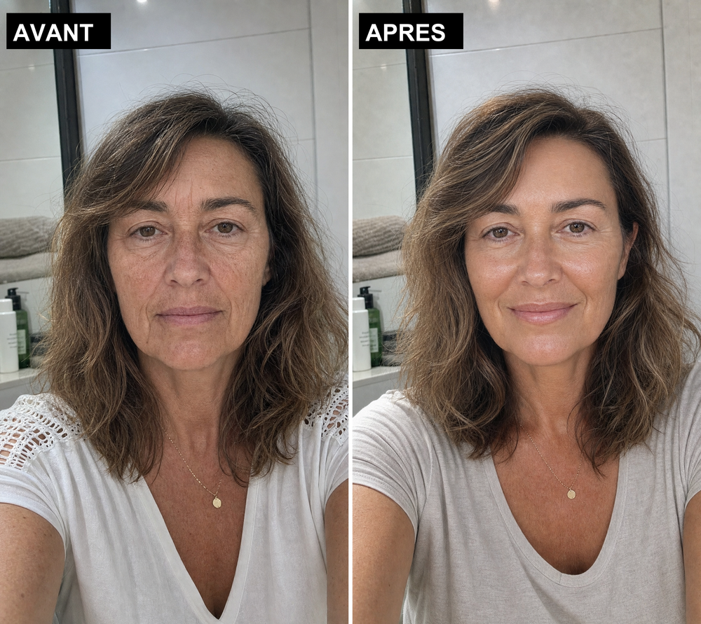 Comparatif avant apres du Masque de Nuit Kaela 3X Collagene : a gauche peau terne avec ridules, cernes et rides aux coins de la bouche ; a droite peau lissee, unifiee et lumineuse
