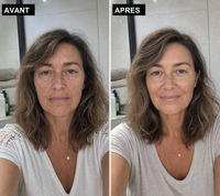 Comparatif avant apres du Masque de Nuit Kaela 3X Collagene : a gauche peau terne avec ridules, cernes et rides aux coins de la bouche ; a droite peau lissee, unifiee et lumineuse