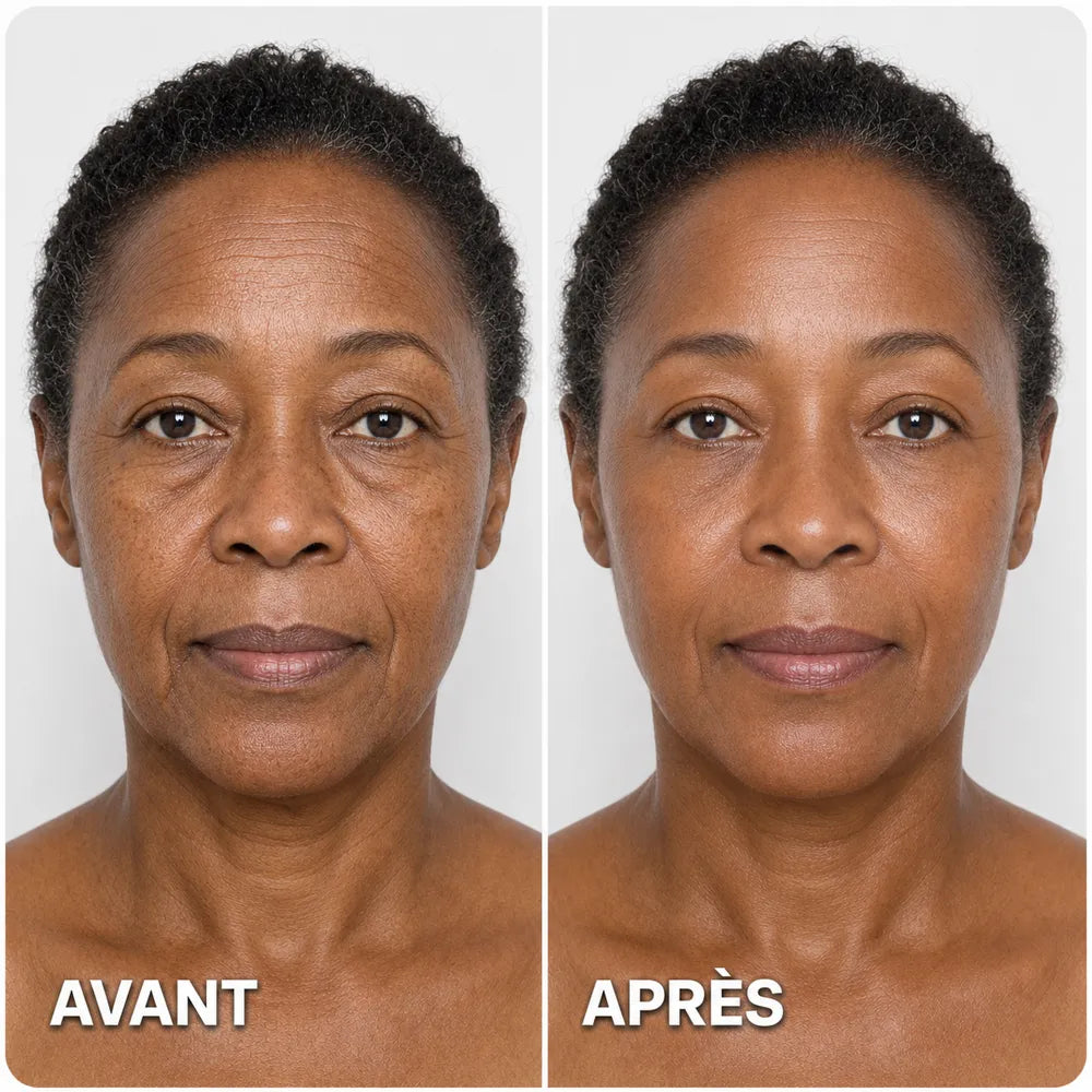 Comparaison illustrative avant et après sur une femme d’environ 58 ans