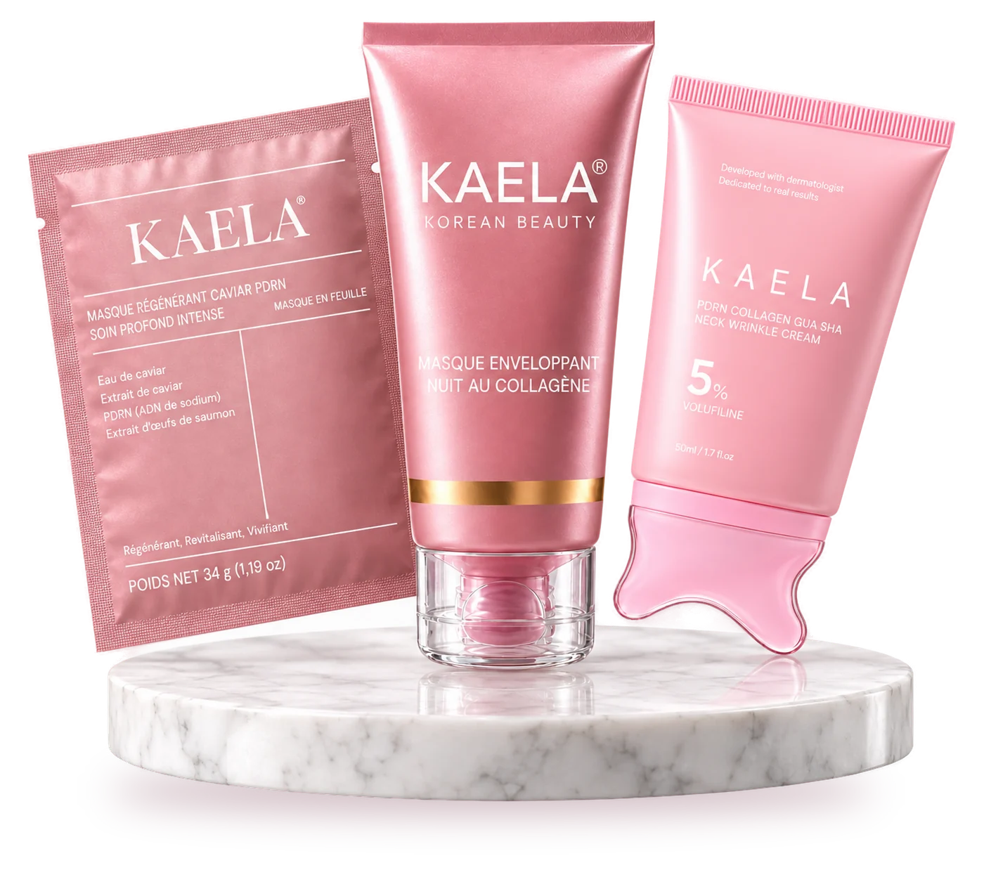 Le masque cristal, le masque de nuit et la crème gua sha Kaela sur un socle de marbre