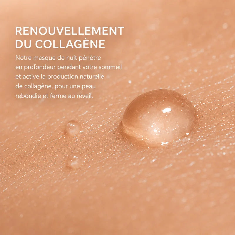 Renouvellement du collagène — notre masque de nuit pénètre en profondeur pendant votre sommeil et active la production naturelle de collagène, pour une peau rebondie et ferme au réveil.